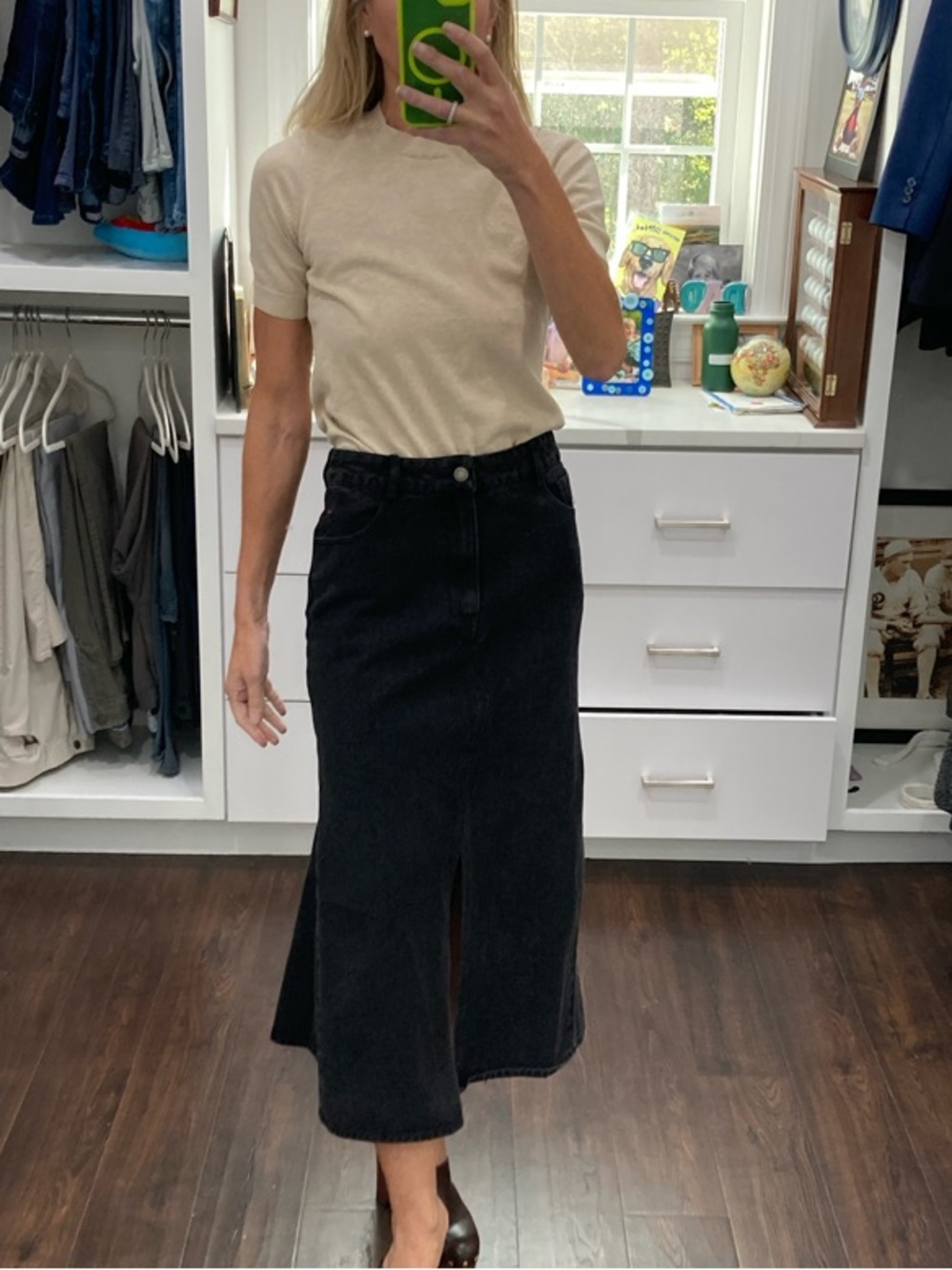 En Saison Black Midi Denim Skirt with Front Slit